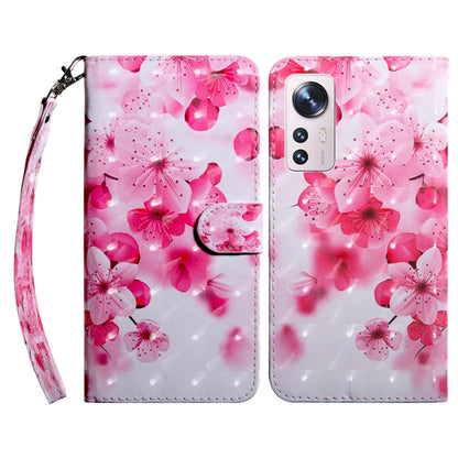 Pink leather wallet phone case with cherry blossom flowers and floral 3D pattern, strap