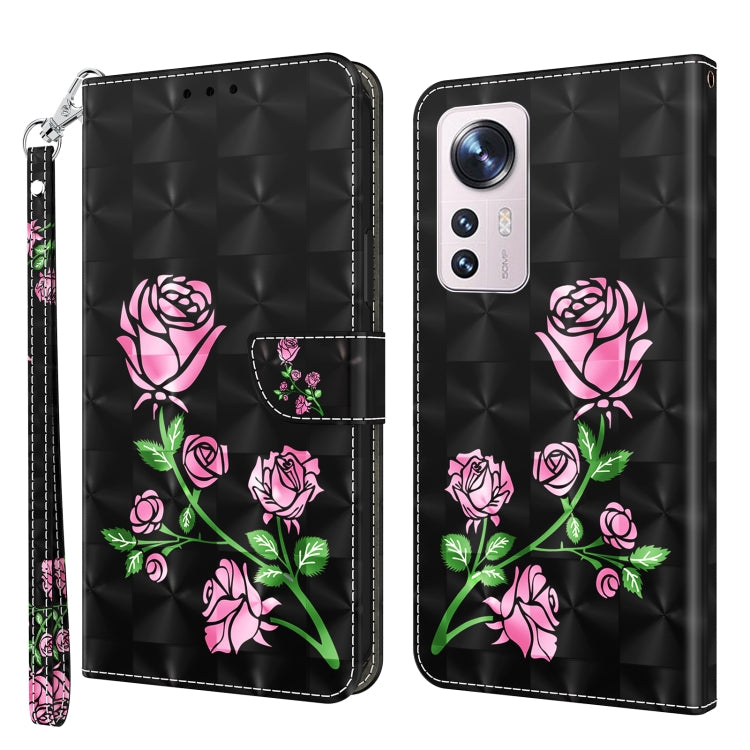 Leather-look floral phone case with pink roses on dark textured surface, wrist strap