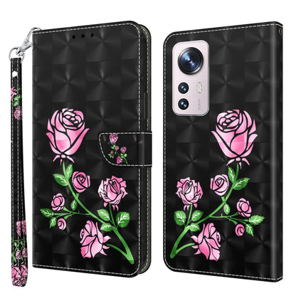 Leather-look floral phone case with pink roses on dark textured surface, wrist strap