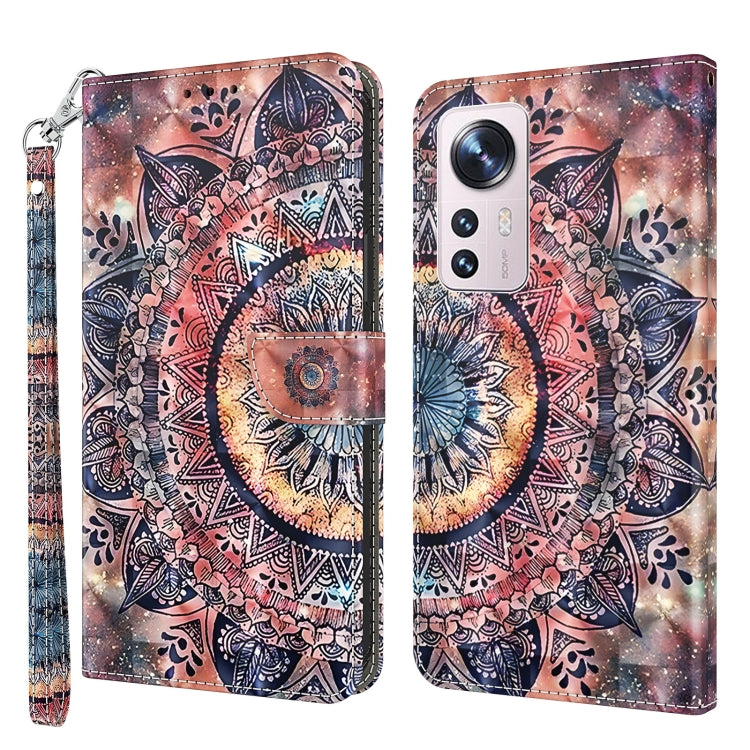 Leather-look mandala phone case with detailed pastel patterns, folio wallet and wrist strap