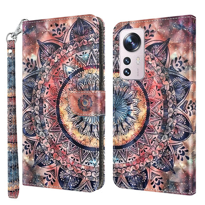 Leather-look mandala phone case with detailed pastel patterns, folio wallet and wrist strap