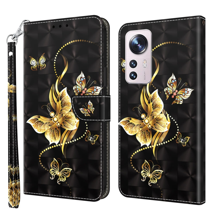 Black leather phone case with 3D butterflies and dotted gold accents, wrist strap.