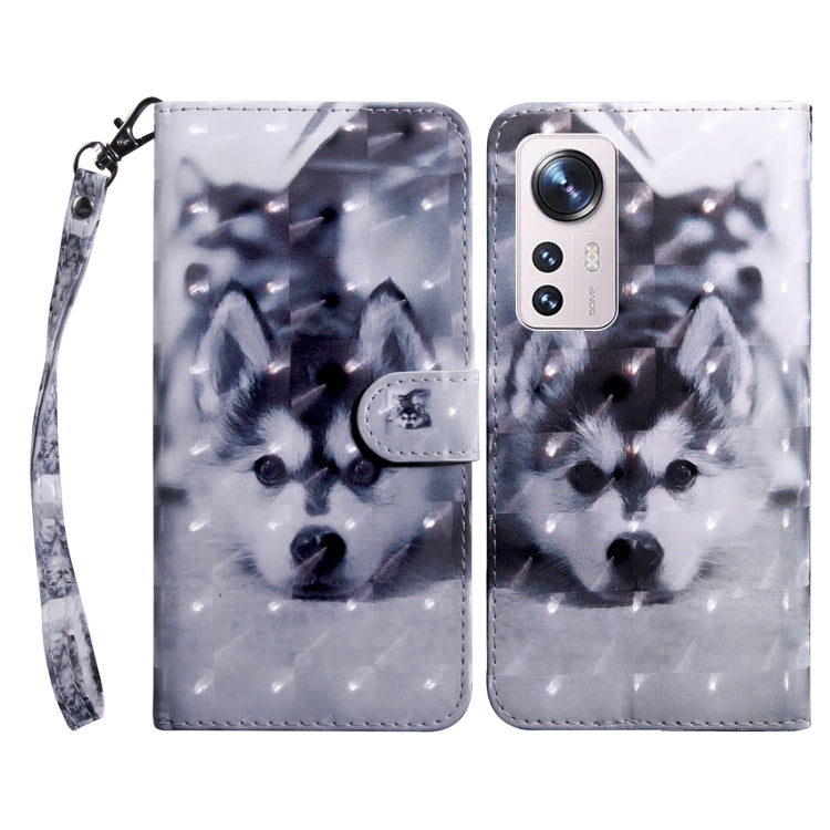 Light gray leather phone case with husky dog print and snap flap, wrist strap.