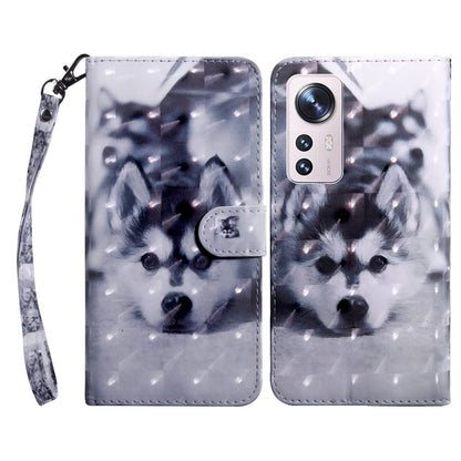 Light gray leather phone case with husky dog print and snap flap, wrist strap.