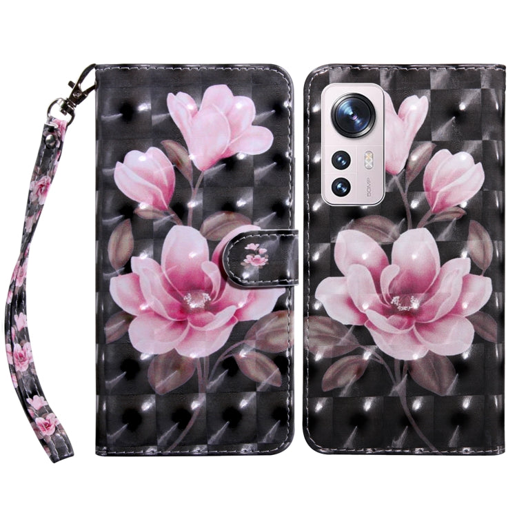 Black leather phone case with pink flower bouquet and heart accents, wrist strap.