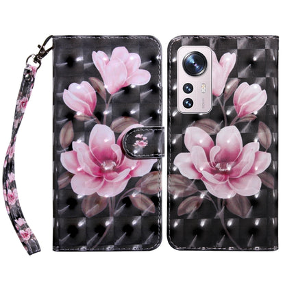 Black leather phone case with pink flower bouquet and heart accents, wrist strap.