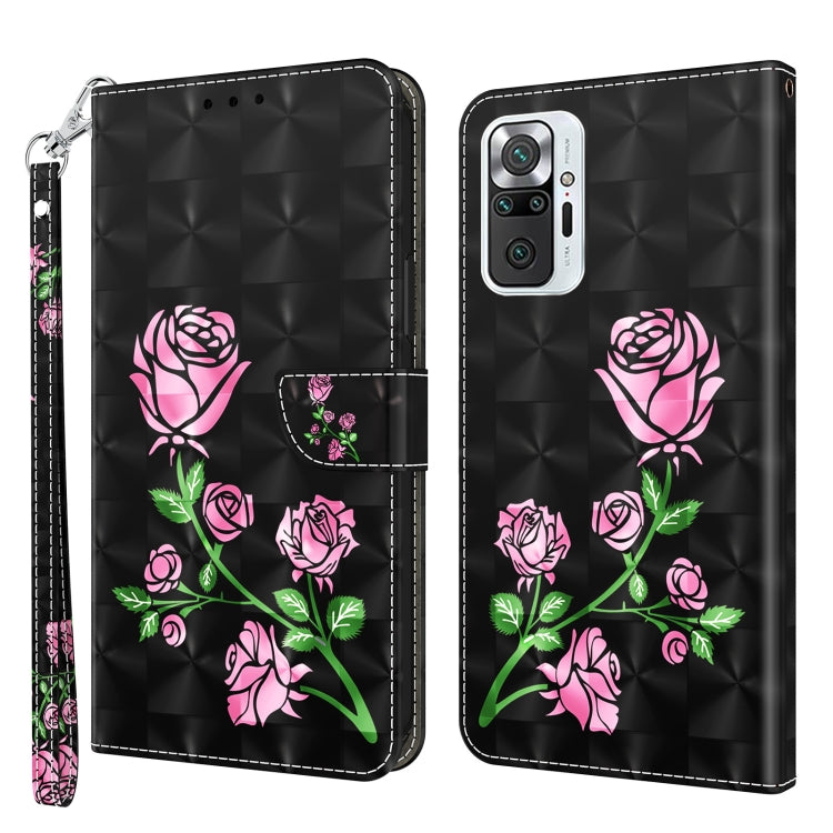 Black leather wallet phone case with pink roses and green leaves, card slot pocket, strap