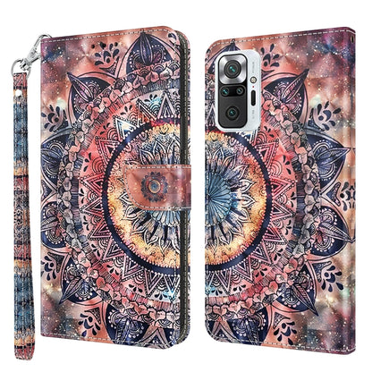 Peach and navy leather wallet phone case with ornate mandala circle pattern, wrist strap