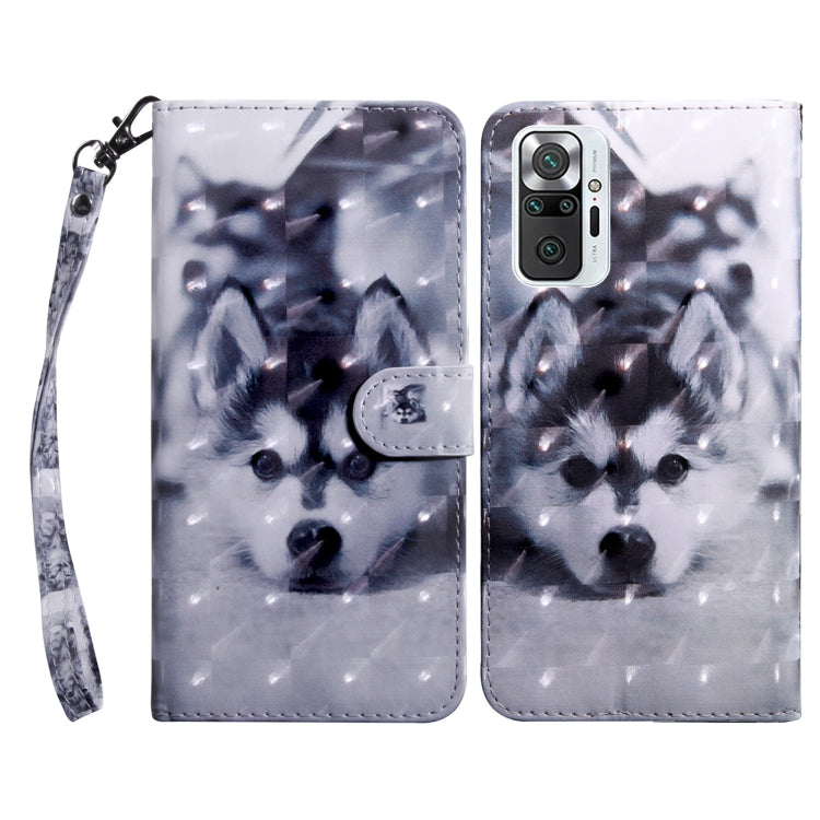 Leather phone case with blue-gray puppy dog photo print and wrist strap.