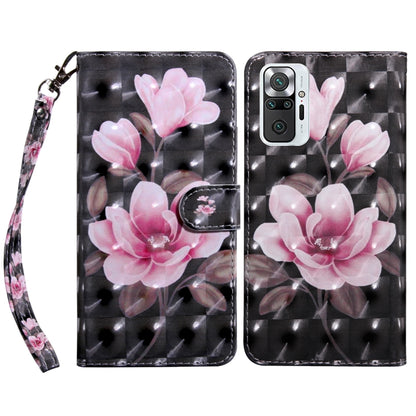 Leather phone case with pink flower blossom print on black textured design and strap.