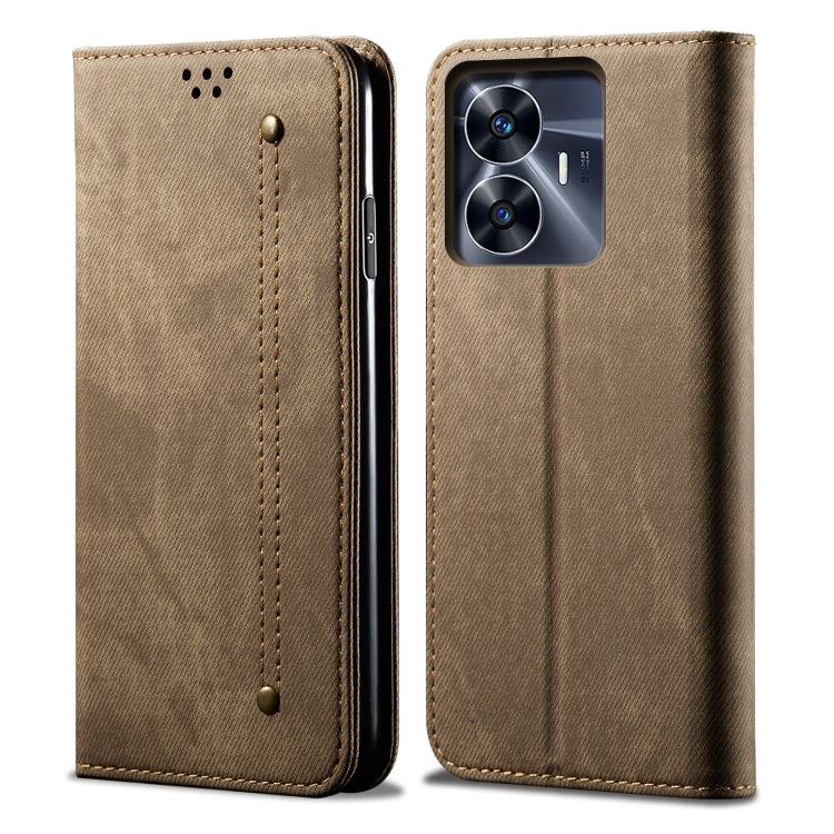 Khaki denim-texture flip leather phone case with stitched vertical strap and camera cutout