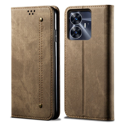 Khaki denim-texture flip leather phone case with stitched vertical strap and camera cutout