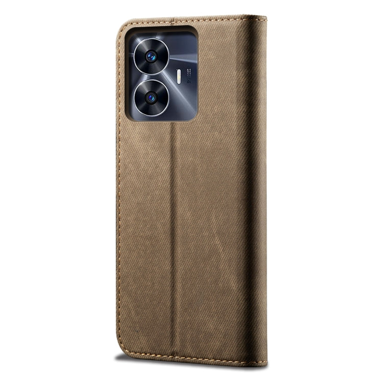 Khaki denim-texture flip leather phone case with top camera window and stitched edges