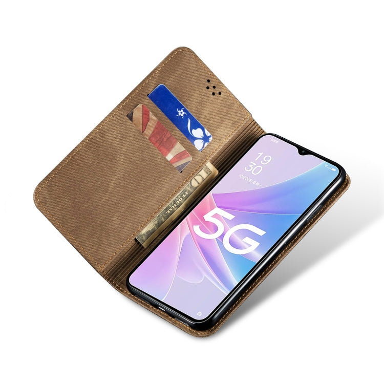 Khaki denim-texture flip leather phone case with card slot and camera cutout