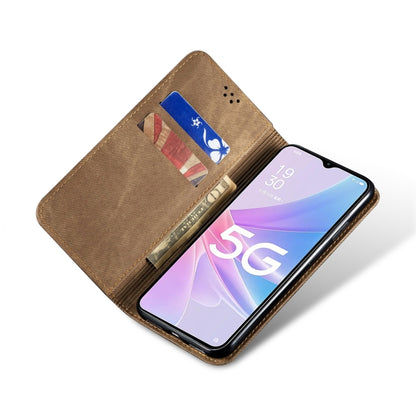 Khaki denim-texture flip leather phone case with card slot and camera cutout