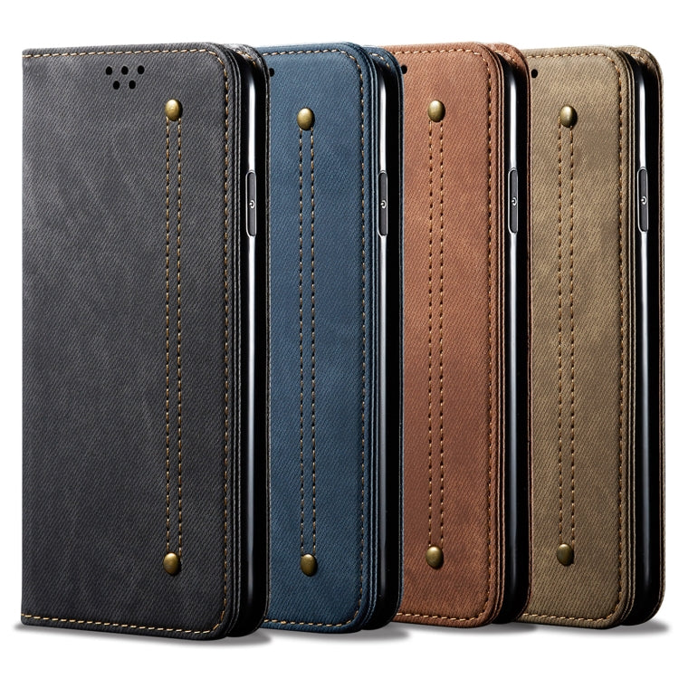 Set of four denim-texture flip leather phone cases in dark, blue, brown, and tan