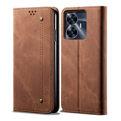 Brown denim-texture flip leather phone case with stitched vertical strap and camera cutout