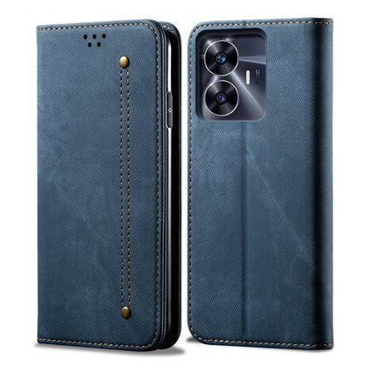 Blue denim-texture flip leather phone case with stitched vertical strap and camera cutout