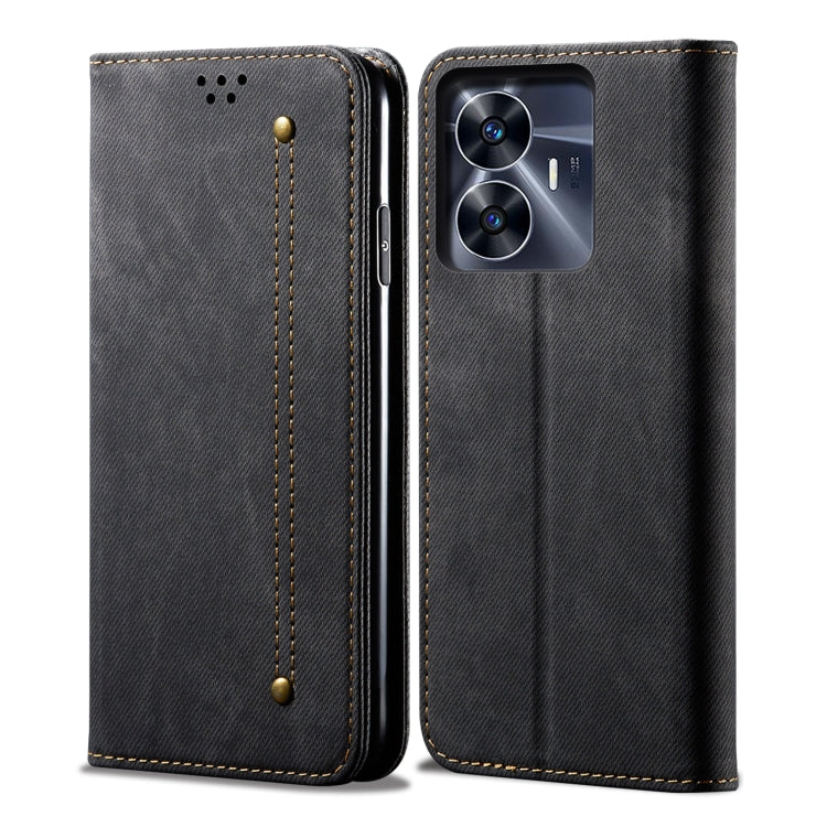 Black denim-texture flip leather phone case with stitched vertical strap and camera cutout