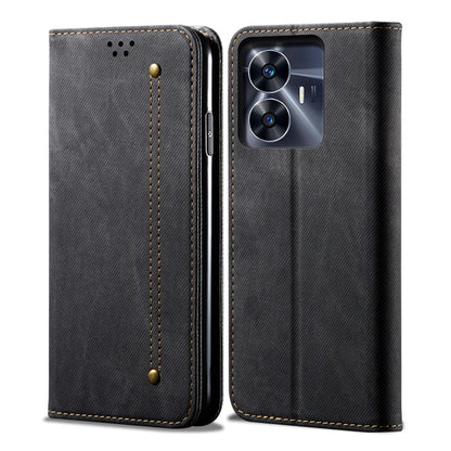 Black denim-texture flip leather phone case with stitched vertical strap and camera cutout