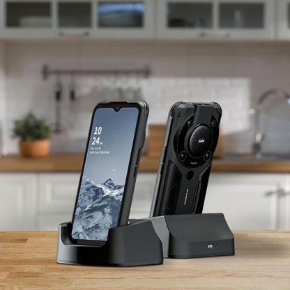 Black desktop charging dock holding two phones upright, for AGM G2