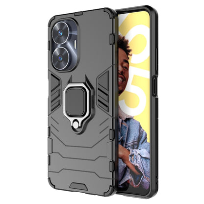 Shockproof phone case with ring kickstand, black PC and TPU hybrid cover