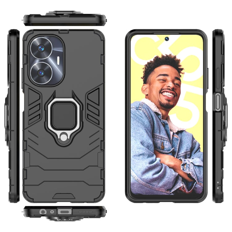 Shockproof phone case with ring kickstand, black hybrid shell with side cutouts
