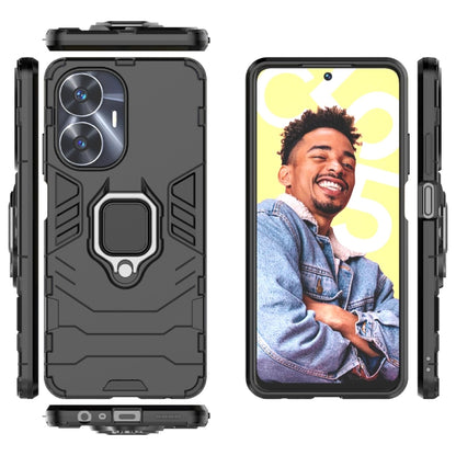 Shockproof phone case with ring kickstand, black hybrid shell with side cutouts
