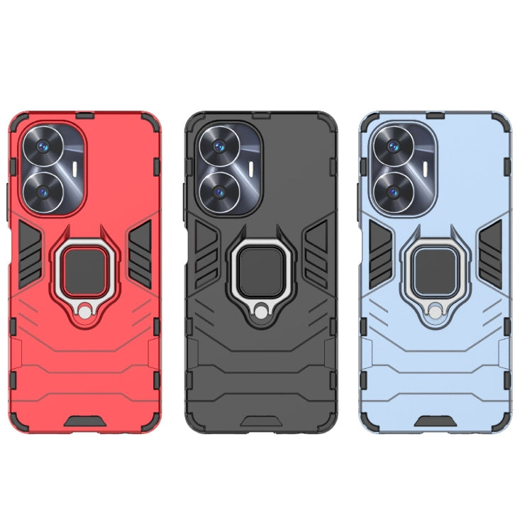 Three-tone shockproof phone case set: red, black, and light blue with ring kickstand