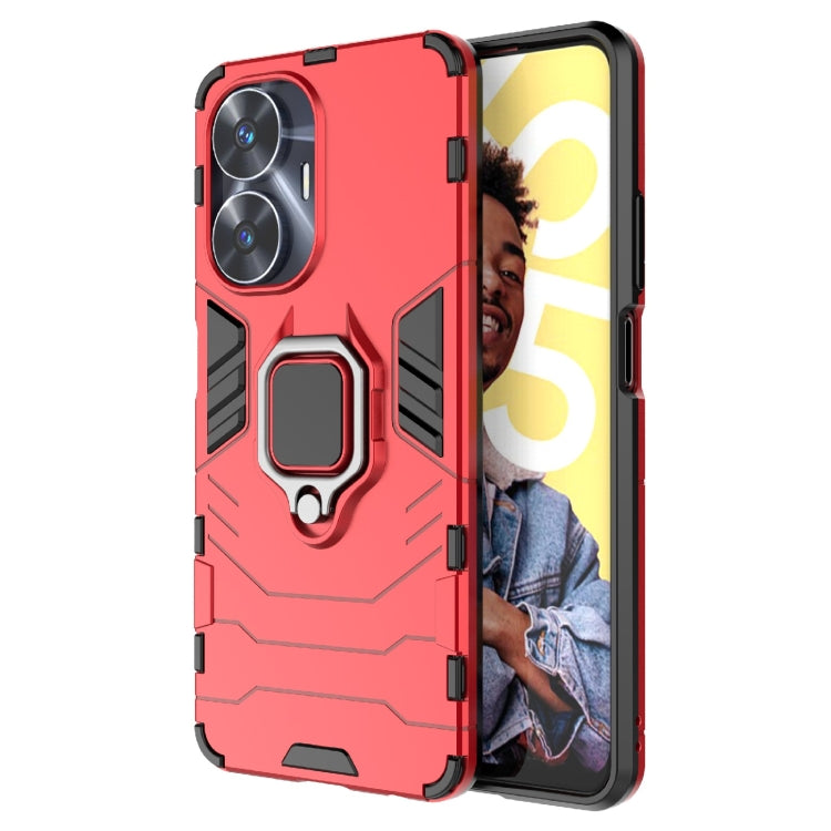 Shockproof phone case with ring kickstand, red PC and TPU hybrid cover