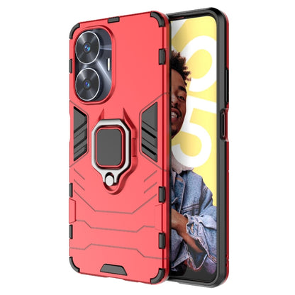 Shockproof phone case with ring kickstand, red PC and TPU hybrid cover