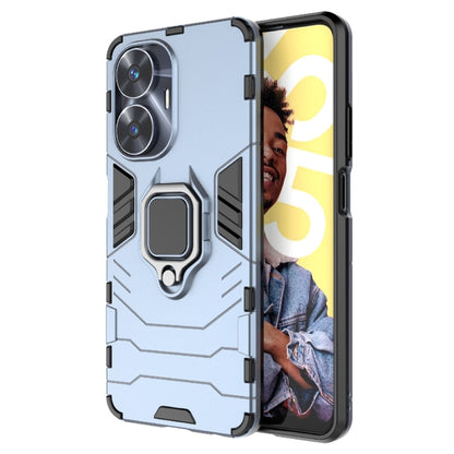 Shockproof phone case with ring kickstand, light blue PC and TPU hybrid cover