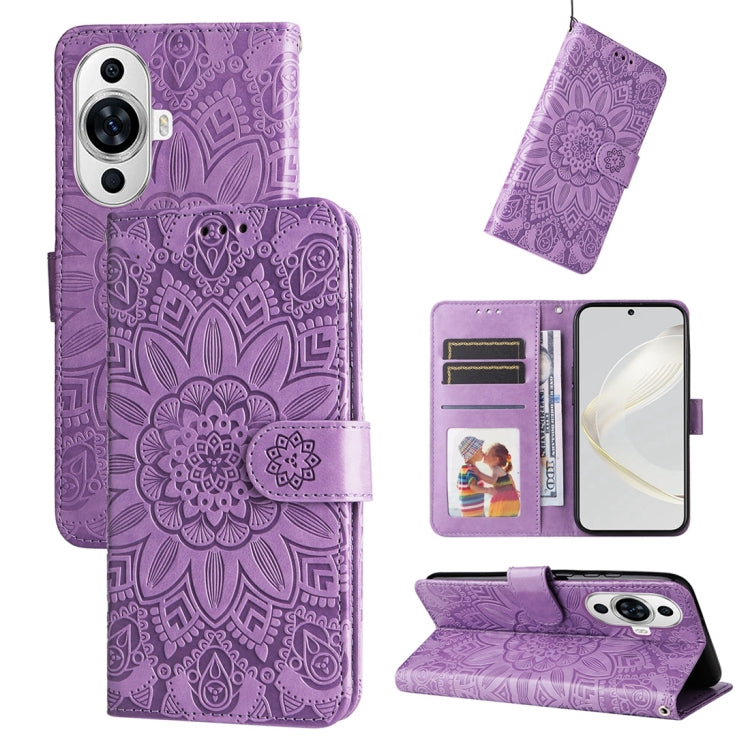 Purple embossed sunflower leather wallet phone case with card slots and magnetic flap.
