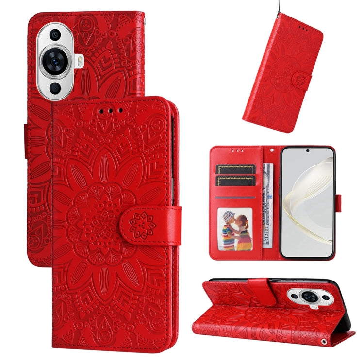 Embossed sunflower leather phone case, red, with wallet flap and card slots