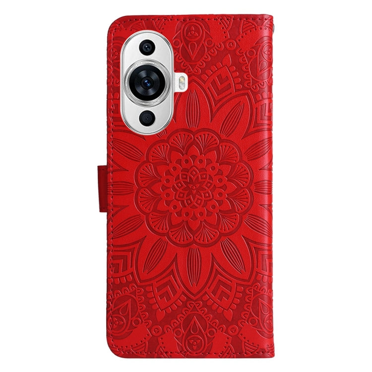 Embossed sunflower leather phone case, red, with sunflower pattern and camera cutout