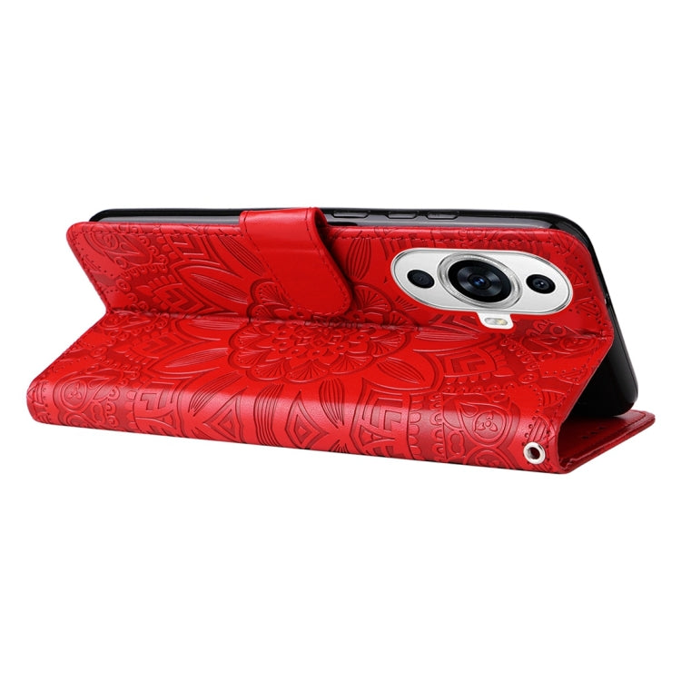 Embossed sunflower leather phone case, red, folio cover with raised edge