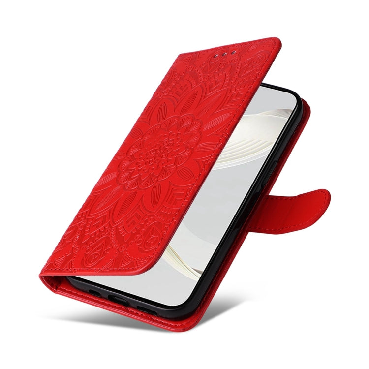 Embossed sunflower leather phone case, red, side view with flip cover