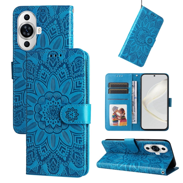 Embossed sunflower leather phone case, blue, with wallet flap and card slots