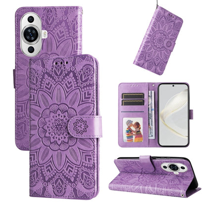 Embossed sunflower leather phone case, purple, with wallet flap and card slots