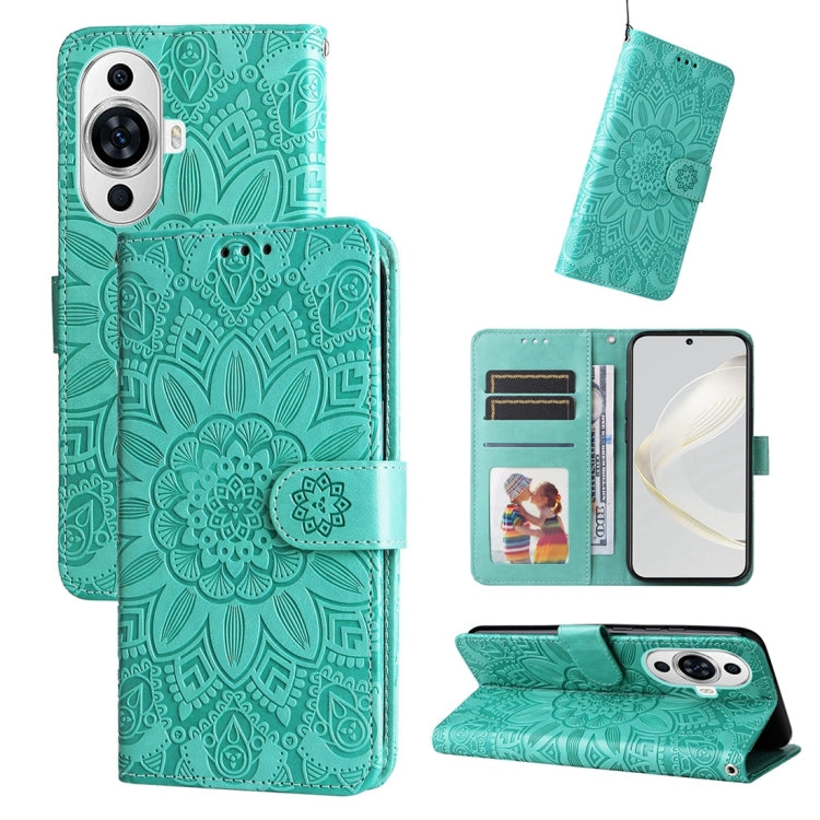 Embossed sunflower leather phone case, green, with wallet flap and card slots