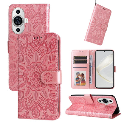 Pink embossed sunflower leather wallet phone case with card slots and magnetic flap.