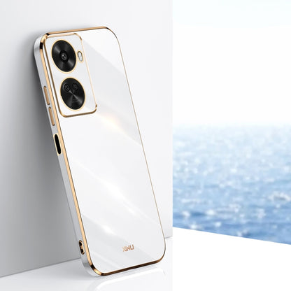 Electroplate TPU phone case with dual camera cutouts, white with gold trim