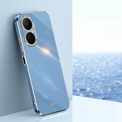 Straight-edge electroplate TPU phone case, sky blue with gold-tone trim and dual camera cutouts
