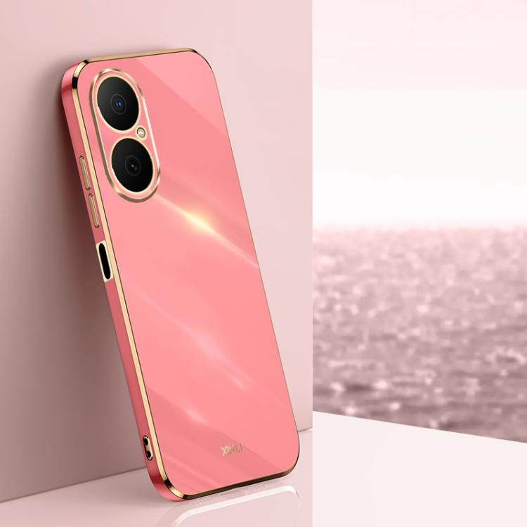 Straight-edge electroplate TPU phone case, red-pink with gold-tone trim and dual camera cutouts