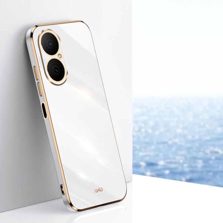 Electroplate TPU phone case with dual camera cutouts, white with gold trim