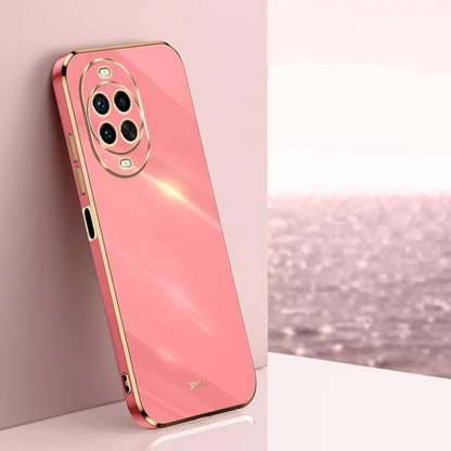 Electroplate TPU phone case with gold rim, glossy rose pink back, camera cutouts