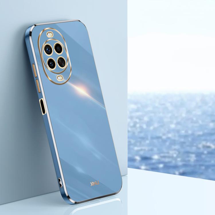 Light blue TPU phone case with straight edges, electroplated trim, raised camera cutouts