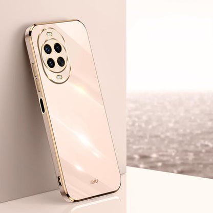 Electroplate TPU phone case with gold rim, glossy white back, camera cutouts