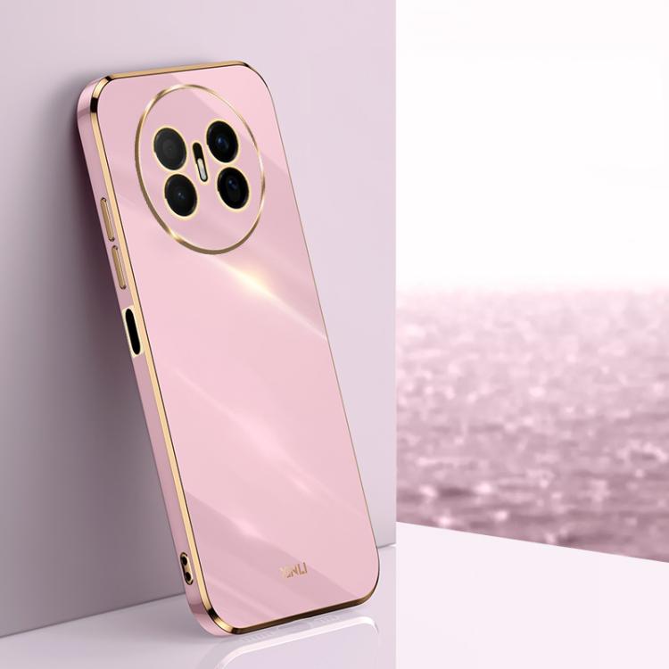 Rose pink TPU phone case with gold electroplated straight edges and quad-camera cutouts