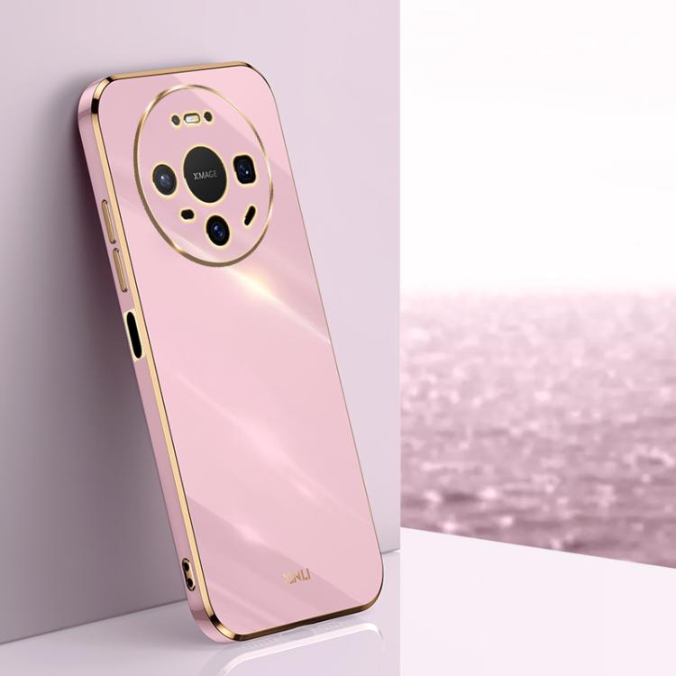 Pink TPU phone case with gold electroplated straight edges and triple-camera cutouts